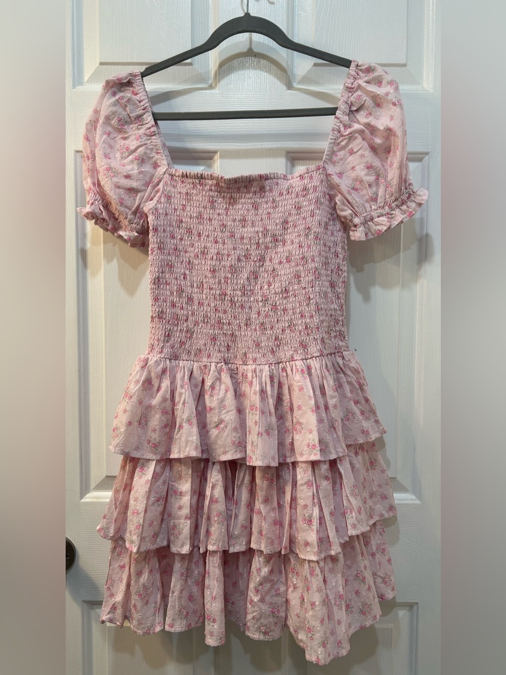 Altar’d State Pink Micro Roses Puff Sleeve Mini Dress Sz L Smocked Cottagecore - Picture 2 of 8